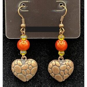 Handmade Aged Copper Tone Metal Heart Orange Yellow Bead Earrings by Neanie-Bot